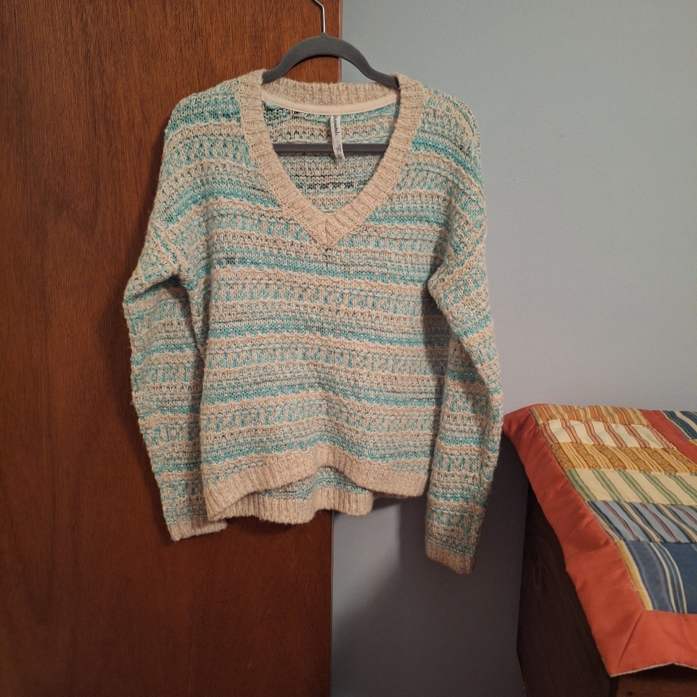 Aeropostle Cozy Knit V-Neck Sweater - Cream and Blue Size L Circa 2013
